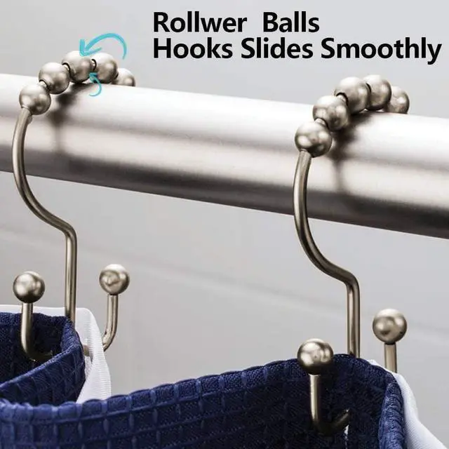 Alt view image 2 of 7 - DAWNER Shower Curtain Hooks, Rust Proof Metal Easy Glide Double Rings, Stainless Steel Hangers for Bathroom Curtains, Set of 12, Brushed Nickel