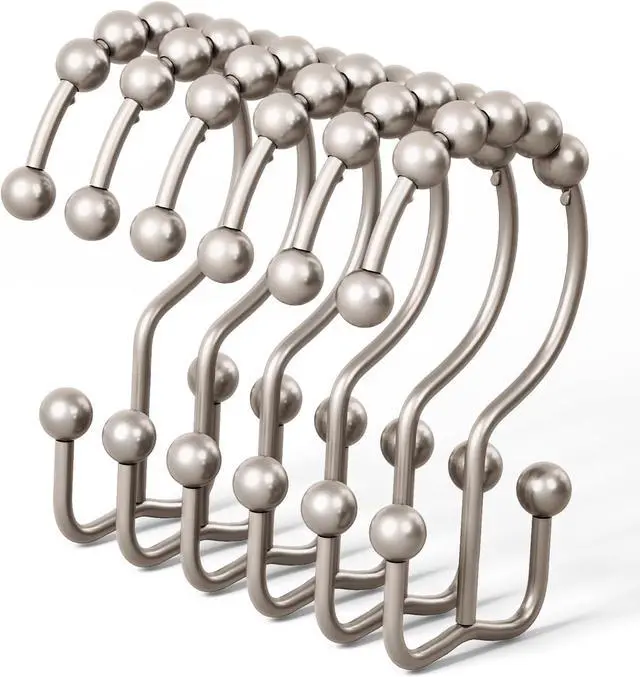 Main image of DAWNER Shower Curtain Hooks, Rust Proof Metal Easy Glide Double Rings, Stainless Steel Hangers for Bathroom Curtains, Set of 12, Brushed Nickel