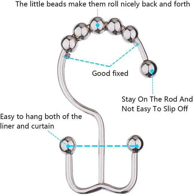 Alt view image 5 of 7 - DAWNER Shower Curtain Hooks, Rust Proof Metal Easy Glide Double Rings, Stainless Steel Hangers for Bathroom Curtains, Set of 12, Brushed Nickel