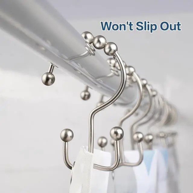 Alt view image 7 of 7 - DAWNER Shower Curtain Hooks, Rust Proof Metal Easy Glide Double Rings, Stainless Steel Hangers for Bathroom Curtains, Set of 12, Brushed Nickel