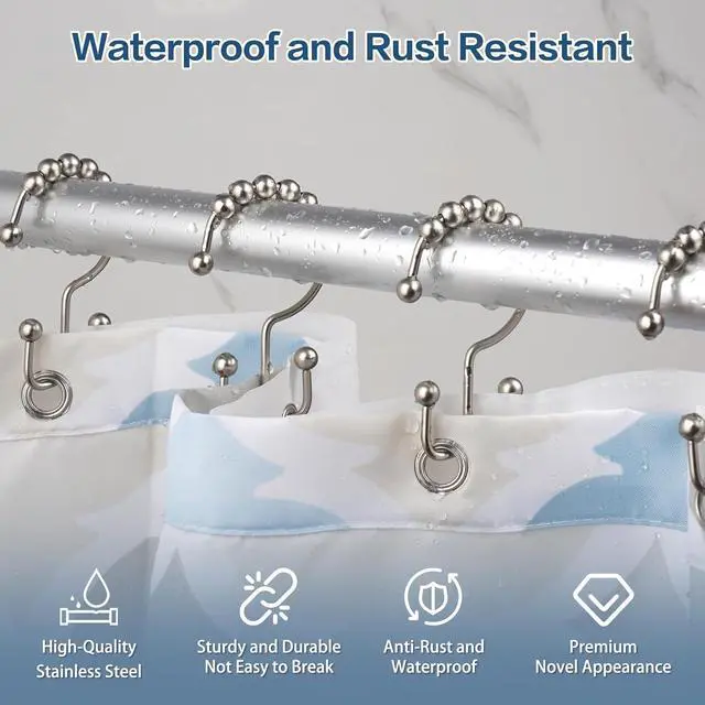 Alt view image 6 of 7 - DAWNER Shower Curtain Hooks, Rust Proof Metal Easy Glide Double Rings, Stainless Steel Hangers for Bathroom Curtains, Set of 12, Brushed Nickel