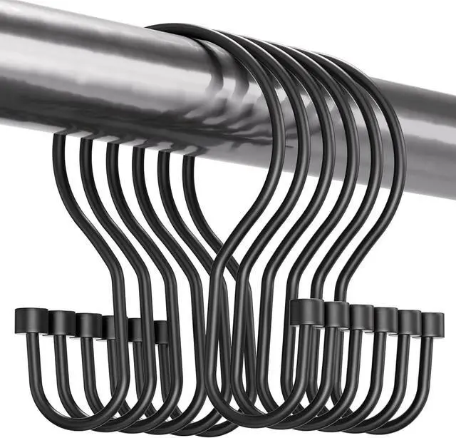 Main image of Bathway Shower Curtain Hooks Black Shower Curtain Rings, Simple Double Hook Shower Curtain Hooks Rust Proof, Smooth Sturdy Metal Shower Hooks for Shower Curtain Rod, 12Pcs Shower Rod Hooks