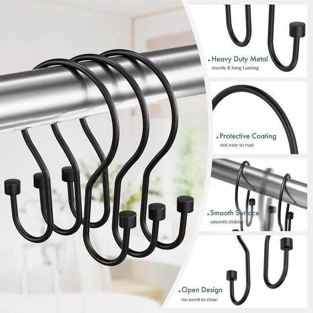 Alt view image 2 of 7 - Bathway Shower Curtain Hooks Black Shower Curtain Rings, Simple Double Hook Shower Curtain Hooks Rust Proof, Smooth Sturdy Metal Shower Hooks for Shower Curtain Rod, 12Pcs Shower Rod Hooks