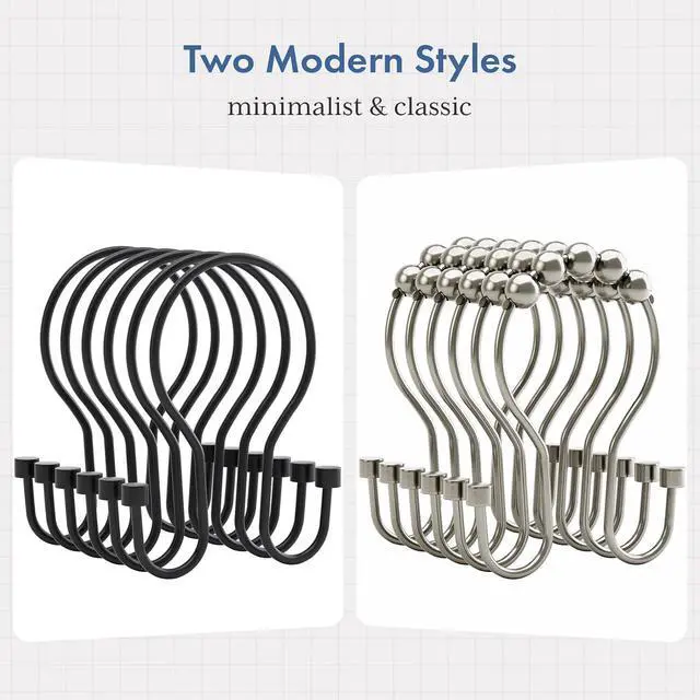 Alt view image 5 of 7 - Bathway Shower Curtain Hooks Black Shower Curtain Rings, Simple Double Hook Shower Curtain Hooks Rust Proof, Smooth Sturdy Metal Shower Hooks for Shower Curtain Rod, 12Pcs Shower Rod Hooks