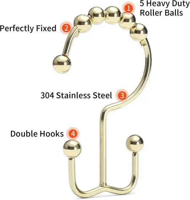 Alt view image 4 of 7 - Goowin Shower Curtain Hooks Rings, Stainless Steel Gold Shower Curtain Hooks Rust Proof, Free Sliding Double Shower Hooks for Shower Curtains & Liners (Gold)