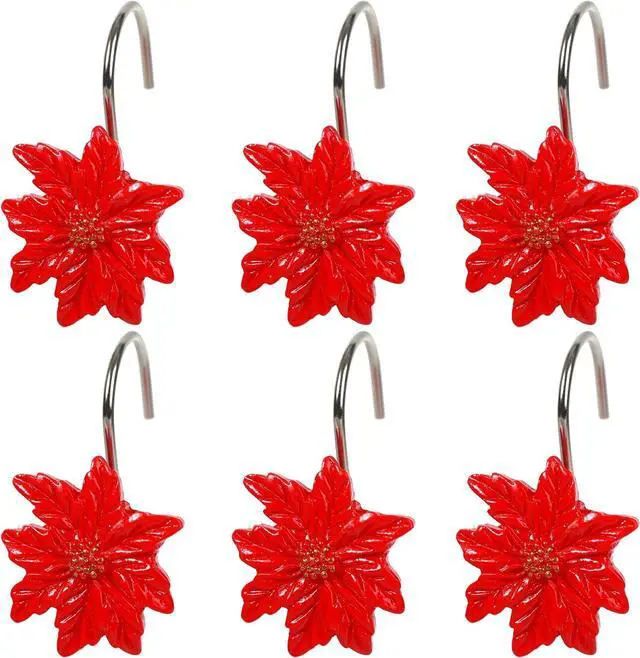 Main image of Two Fish Home Fashions Set of 12 Decorative Christmas Tree Resin Shower Curtain Hooks, Christmas Tree Resin Curtain Rings Pack of 12 (Red Flower)