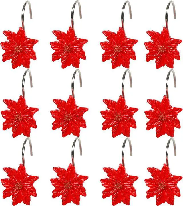 Alt view image 6 of 7 - Two Fish Home Fashions Set of 12 Decorative Christmas Tree Resin Shower Curtain Hooks, Christmas Tree Resin Curtain Rings Pack of 12 (Red Flower)