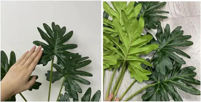 Alt view image 6 of 7 - 27 inch Artificial Lifelike Philodendron Faux Hand Painted Plant Leaves | with 7 Trunks,Green Leaves Fake Tropical Plants Large Palm Tree for Kitchen Party Floral Arrangement Indoor Floor Plant