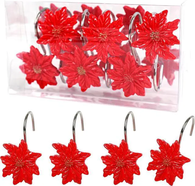Alt view image 7 of 7 - Two Fish Home Fashions Set of 12 Decorative Christmas Tree Resin Shower Curtain Hooks, Christmas Tree Resin Curtain Rings Pack of 12 (Red Flower)