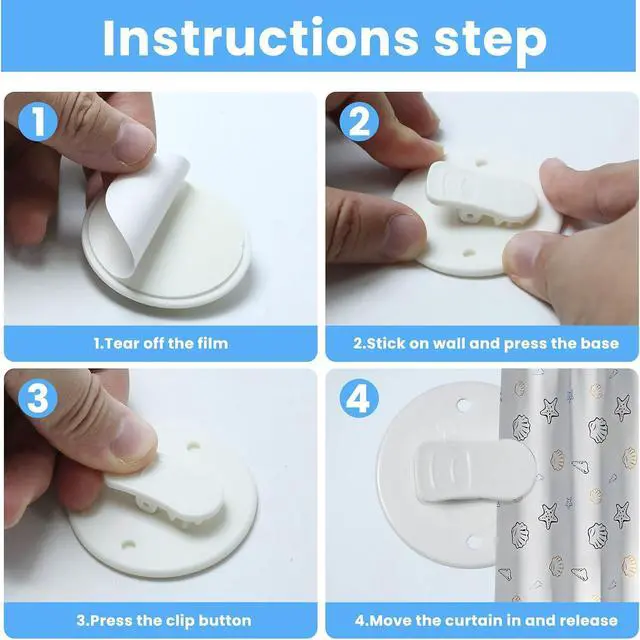 Alt view image 4 of 6 - 6 Pack Shower Curtain Clips, Self Adhesive White Shower Splash Guard Clips, Windproof Showers Curtains Weights, Curtain Holder for The Wall Weight Clip