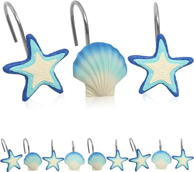 Main image of Beach Shower Curtain Hooks Set of 12 with Starfish & Seashell | Coastal shower hooks with rust-resistant metal rings, smooth gliding design for ocean themed bathroom decor.