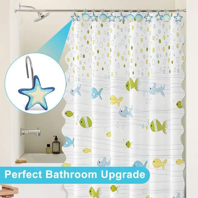 Alt view image 2 of 6 - Beach Shower Curtain Hooks Set of 12 with Starfish & Seashell | Coastal shower hooks with rust-resistant metal rings, smooth gliding design for ocean themed bathroom decor.