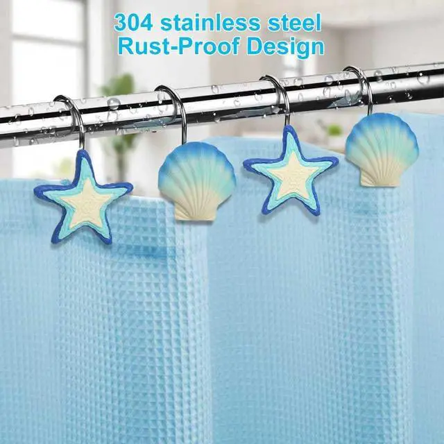 Alt view image 3 of 6 - Beach Shower Curtain Hooks Set of 12 with Starfish & Seashell | Coastal shower hooks with rust-resistant metal rings, smooth gliding design for ocean themed bathroom decor.
