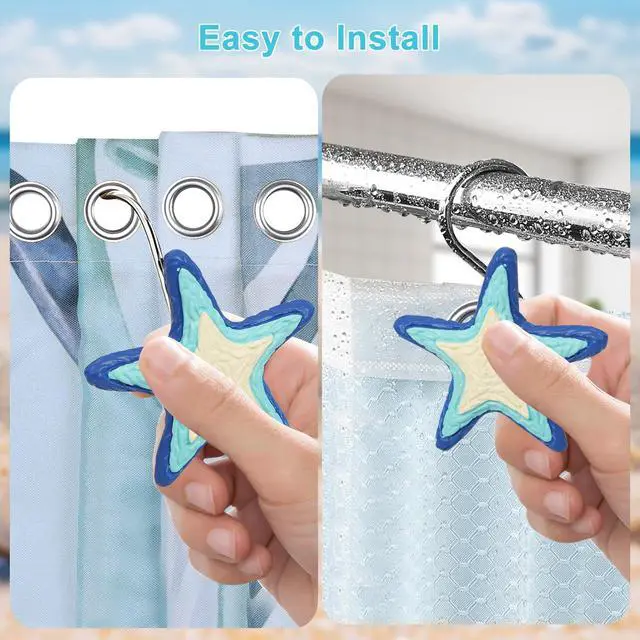 Alt view image 4 of 6 - Beach Shower Curtain Hooks Set of 12 with Starfish & Seashell | Coastal shower hooks with rust-resistant metal rings, smooth gliding design for ocean themed bathroom decor.
