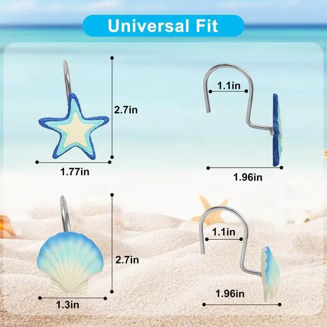 Alt view image 5 of 6 - Beach Shower Curtain Hooks Set of 12 with Starfish & Seashell | Coastal shower hooks with rust-resistant metal rings, smooth gliding design for ocean themed bathroom decor.
