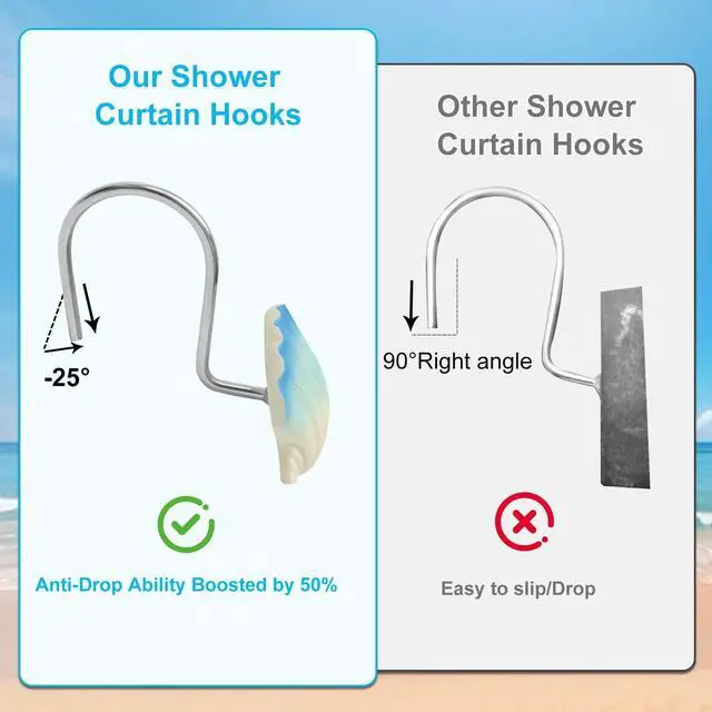 Alt view image 6 of 6 - Beach Shower Curtain Hooks Set of 12 with Starfish & Seashell | Coastal shower hooks with rust-resistant metal rings, smooth gliding design for ocean themed bathroom decor.