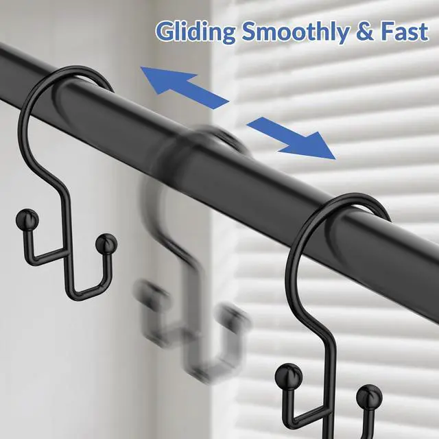 Alt view image 4 of 7 - Goowin Shower Curtain Hooks, Black Shower Curtain Hooks Rust Proof, Anti-Drop Metal Shower Curtain Rings Hooks, Double Shower Hooks for Shower Curtain, Shower Rings for Curtain & Liner, Black-12 Pcs