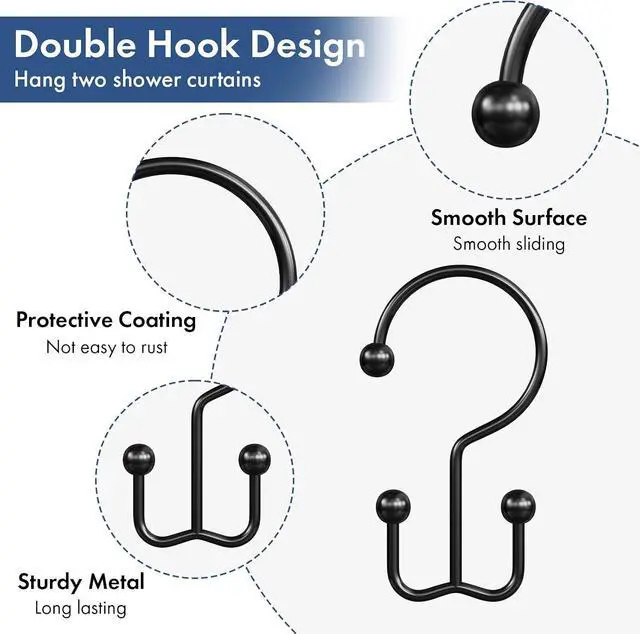 Alt view image 3 of 7 - Bathway Shower Curtain Hooks Matte Black Shower Curtain Rings, 12 Pcs Double Hook Shower Curtain Hooks Rings Shower Curtain Hangers Rust Proof, Metal Shower Hooks for Bathroom Shower Curtain Rod