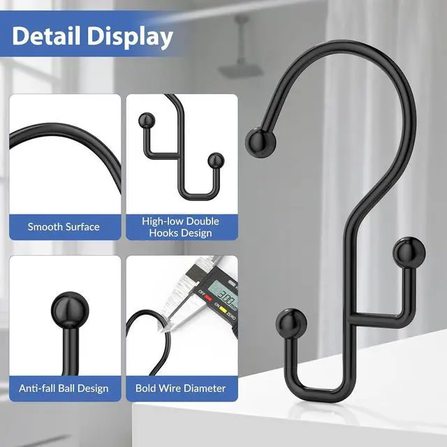 Alt view image 3 of 7 - Goowin Shower Curtain Hooks, Black Shower Curtain Hooks Rust Proof, Anti-Drop Metal Shower Curtain Rings Hooks, Double Shower Hooks for Shower Curtain, Shower Rings for Curtain & Liner, Black-12 Pcs
