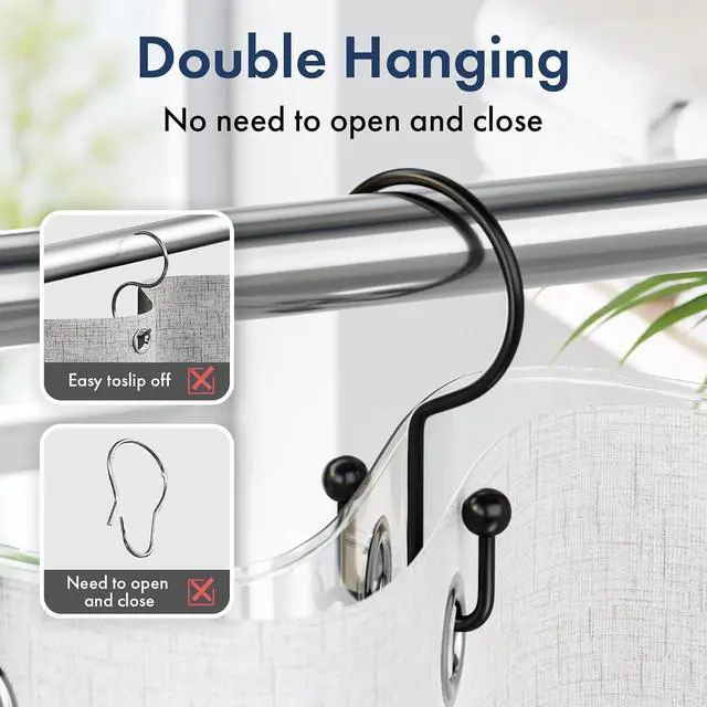 Alt view image 4 of 7 - Bathway Shower Curtain Hooks Matte Black Shower Curtain Rings, 12 Pcs Double Hook Shower Curtain Hooks Rings Shower Curtain Hangers Rust Proof, Metal Shower Hooks for Bathroom Shower Curtain Rod