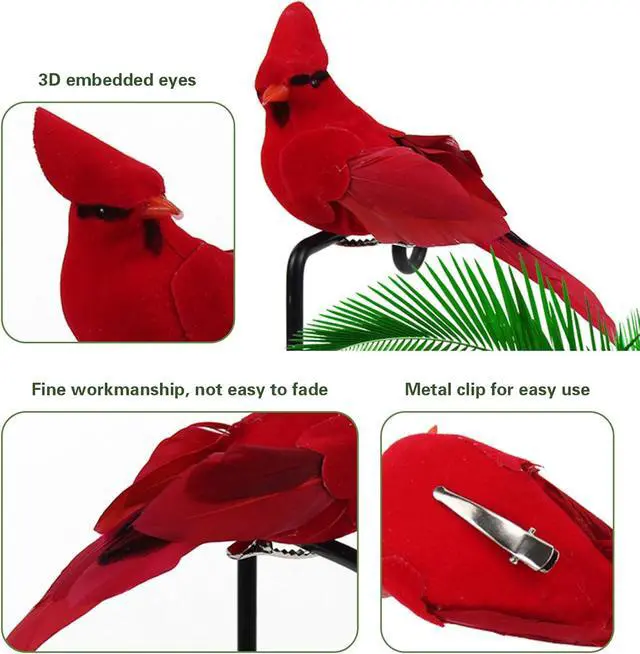 Alt view image 3 of 6 - Ciarain 2PCS Artificial Feathered Cardinal Birds Ornament, Realistic Red Birds with Clip Decor for Home, Christmas Tree, Party, Garden, 4D Mini Bird Stuffed Craft