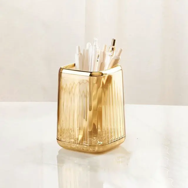 Alt view image 2 of 7 - Acrylic Pen Holder, Cute Clear Gold Desk Organizer for Pencils, Makeup Brushes Toothbrushes with Striped Design for Vanity Bathroom Storage Cup