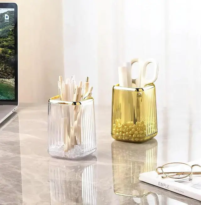 Alt view image 3 of 7 - Acrylic Pen Holder, Cute Clear Gold Desk Organizer for Pencils, Makeup Brushes Toothbrushes with Striped Design for Vanity Bathroom Storage Cup