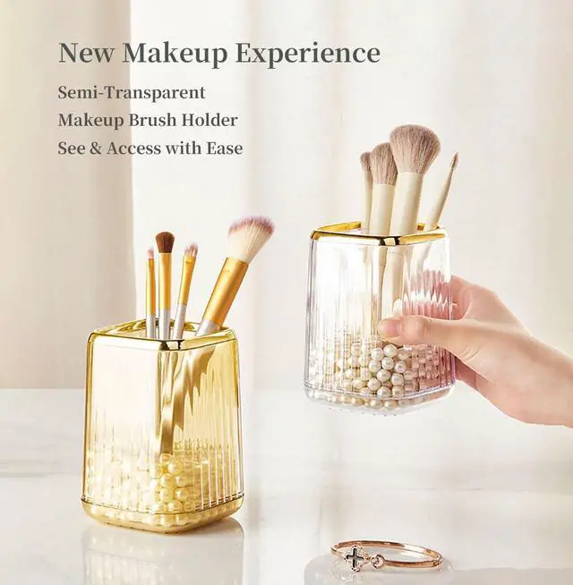 Alt view image 4 of 7 - Acrylic Pen Holder, Cute Clear Gold Desk Organizer for Pencils, Makeup Brushes Toothbrushes with Striped Design for Vanity Bathroom Storage Cup