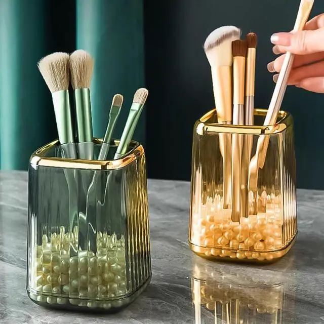 Alt view image 5 of 7 - Acrylic Pen Holder, Cute Clear Gold Desk Organizer for Pencils, Makeup Brushes Toothbrushes with Striped Design for Vanity Bathroom Storage Cup