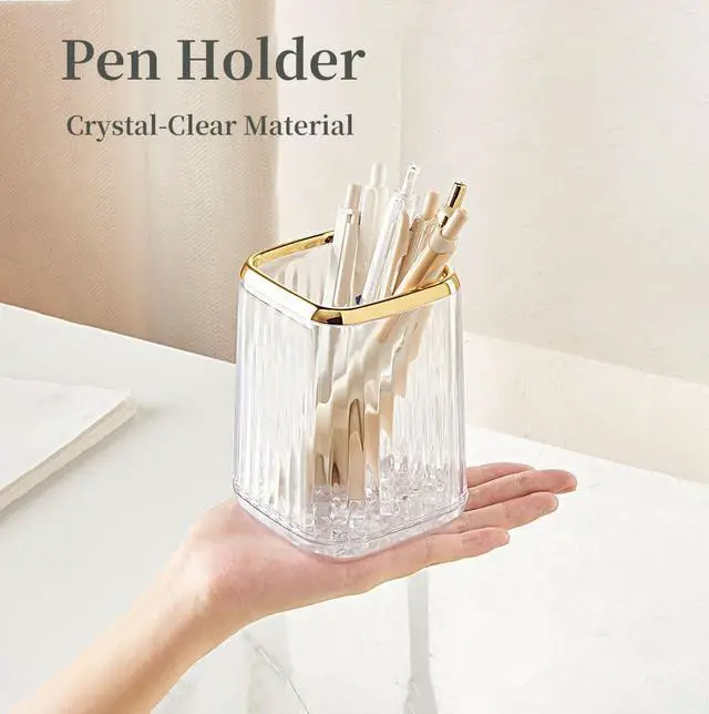 Alt view image 6 of 7 - Acrylic Pen Holder, Cute Clear Gold Desk Organizer for Pencils, Makeup Brushes Toothbrushes with Striped Design for Vanity Bathroom Storage Cup