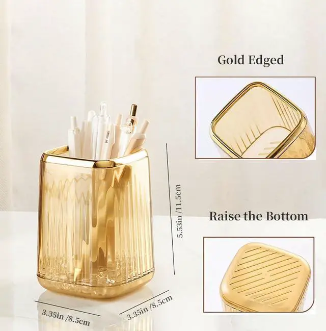 Alt view image 7 of 7 - Acrylic Pen Holder, Cute Clear Gold Desk Organizer for Pencils, Makeup Brushes Toothbrushes with Striped Design for Vanity Bathroom Storage Cup