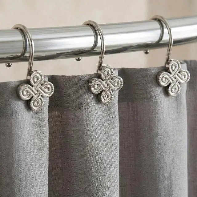 Main image of Brushed Nickel Shower Curtain Hooks: Rust Proof Metal Curtain Rings, 12Pcs | Stylish Clover Knot Decorative Shower Hooks, Elegant Flower Hanging Hangers for Shower Rod, Gift for Modern Bathroom Decor