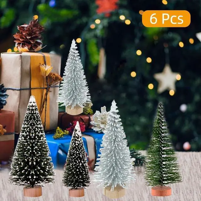 Alt view image 5 of 7 - Yahpetes Miniature Christmas Tree 6 Pcs Pine Trees Sisal Trees Snow Frost Ornaments with Wooden Bases for Miniature Scenes, Christmas Crafting and Designing, Mixed Size