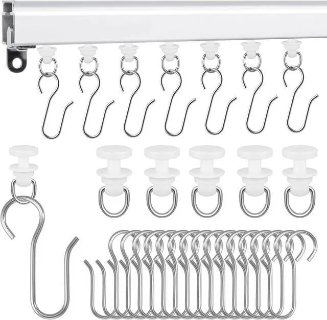 Main image of 120 Pcs Shower Curtain Track Gliders & Curtain Hooks Set | Ceiling Mount Sliding Track S Shaped Metal Drapery Hooks and Plastic Rollers Sets for Drape Rails and Tracks