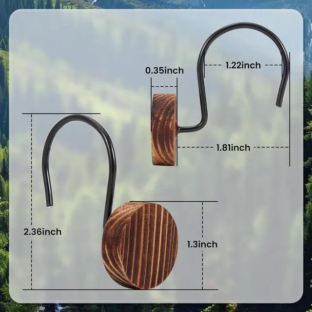 Alt view image 4 of 7 - Wood Shower Curtain Hooks Rust Proof, Boho Shower Curtain Hooks Decorative, 12 Pack Shower Hooks for Shower Curtain, Shower Curtain Hangers Hooks (Brown, 12)
