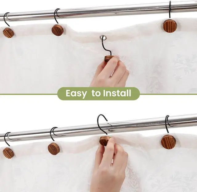 Alt view image 3 of 7 - Wood Shower Curtain Hooks Rust Proof, Boho Shower Curtain Hooks Decorative, 12 Pack Shower Hooks for Shower Curtain, Shower Curtain Hangers Hooks (Brown, 12)