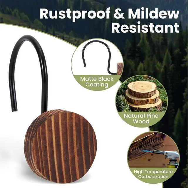 Alt view image 2 of 7 - Wood Shower Curtain Hooks Rust Proof, Boho Shower Curtain Hooks Decorative, 12 Pack Shower Hooks for Shower Curtain, Shower Curtain Hangers Hooks (Brown, 12)