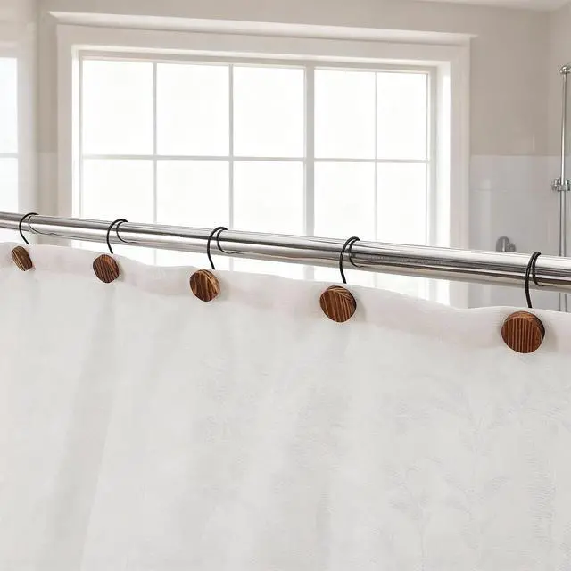 Alt view image 5 of 7 - Wood Shower Curtain Hooks Rust Proof, Boho Shower Curtain Hooks Decorative, 12 Pack Shower Hooks for Shower Curtain, Shower Curtain Hangers Hooks (Brown, 12)