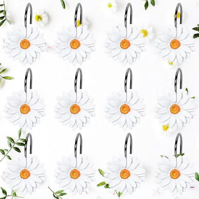 Main image of Whaline 12Pcs Spring Daisy Shower Curtain Hooks Summer White Flower Shower Rod Rings Boho Floral Decorative Curtain Hanger Hooks for Living Room Bedroom Bathroom Decor