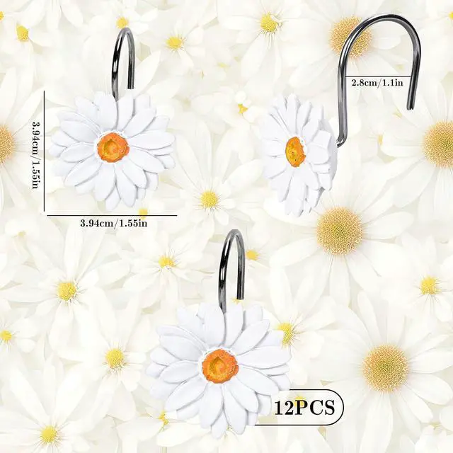 Alt view image 2 of 7 - Whaline 12Pcs Spring Daisy Shower Curtain Hooks Summer White Flower Shower Rod Rings Boho Floral Decorative Curtain Hanger Hooks for Living Room Bedroom Bathroom Decor