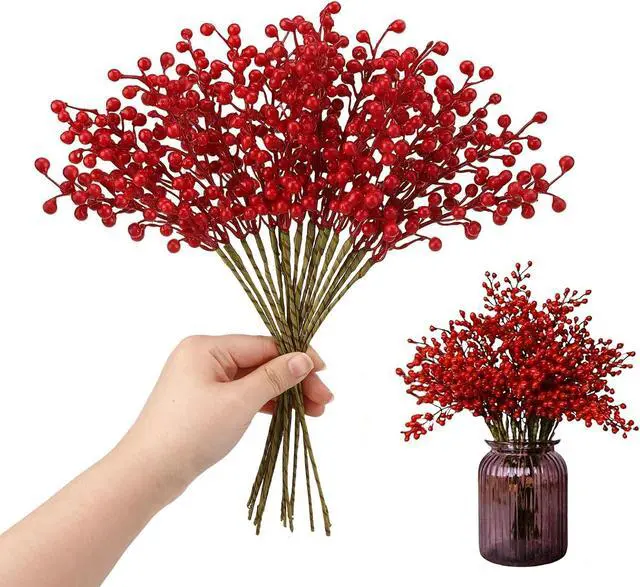 Main image of 8pcs Red Artificial Red Berry Stems Holly Christmas Berries Xmas Tree Decor | Artificial Red Berries Holly Stems for Xmas Tree Decorations Crafts, Thanksgiving Day Decor Valentines Day Lunar New Year