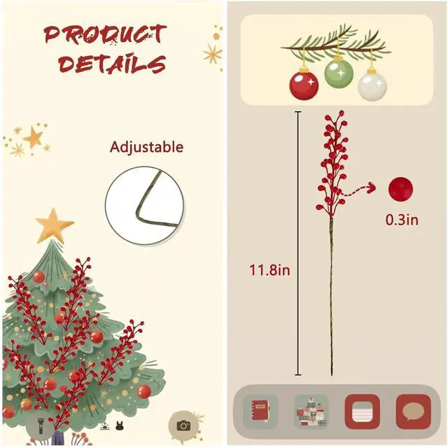 Alt view image 2 of 5 - 8pcs Red Artificial Red Berry Stems Holly Christmas Berries Xmas Tree Decor | Artificial Red Berries Holly Stems for Xmas Tree Decorations Crafts, Thanksgiving Day Decor Valentines Day Lunar New Year