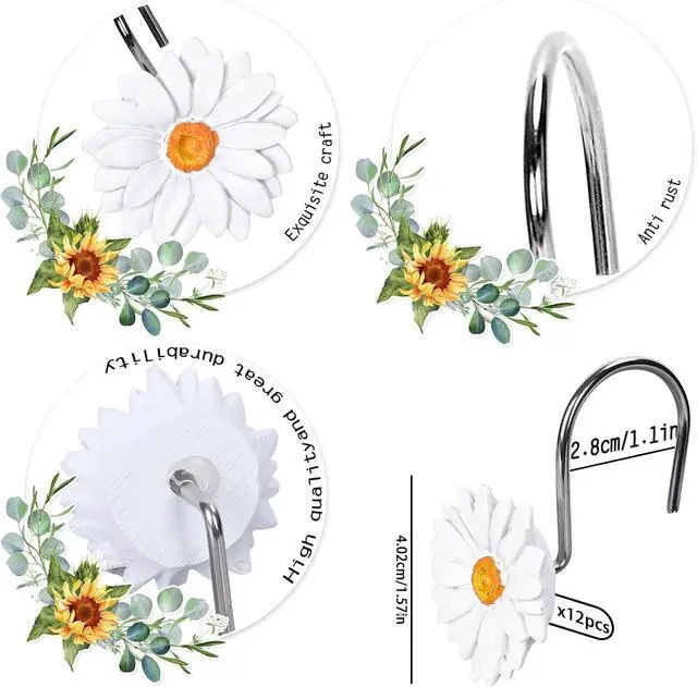 Alt view image 3 of 7 - Whaline 12Pcs Spring Daisy Shower Curtain Hooks Summer White Flower Shower Rod Rings Boho Floral Decorative Curtain Hanger Hooks for Living Room Bedroom Bathroom Decor