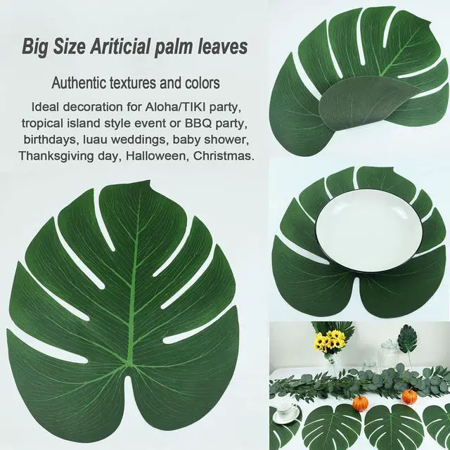 Alt view image 3 of 7 - Hopeak Artificial Palm Leaves 24 Pieces Large Palm Leaves for Hawaiian Luau Party Jungle Beach Theme Party Birthday Table and Wall Decorations