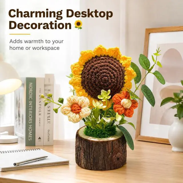 Alt view image 6 of 7 - Handmade Crochet Knitted Sunflower Bouquet Creative Knitted Potted Plant Mini Cute Home Desktop Decorations and Gifts for Friends, Lovers, Classmate,Mother's Day