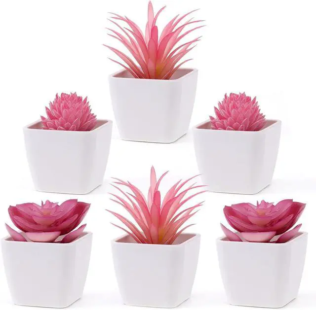 Main image of Woration 6Pcs Mini Artificial Pink Plastic Succulent Fake Plants Potted | Faux Succulents in White Pots, No watering needed, desk office home decor, Floral arrangement craft