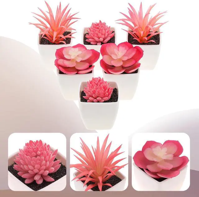 Alt view image 4 of 7 - Woration 6Pcs Mini Artificial Pink Plastic Succulent Fake Plants Potted | Faux Succulents in White Pots, No watering needed, desk office home decor, Floral arrangement craft