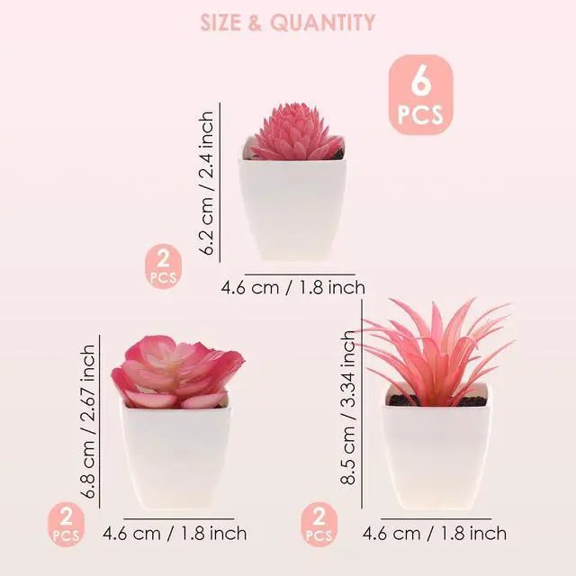 Alt view image 3 of 7 - Woration 6Pcs Mini Artificial Pink Plastic Succulent Fake Plants Potted | Faux Succulents in White Pots, No watering needed, desk office home decor, Floral arrangement craft