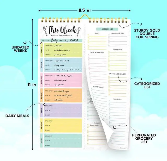 Alt view image 3 of 6 - Decorably 52 Sheets Pastel Rainbow Undated Magnetic Weekly Meal Planner | 8.5x11in Grocery List Notepad Meal Planner with 4 Strong Magnets - Spring-Bound, Refrigerator Mountable, Easy Tear-Off Design