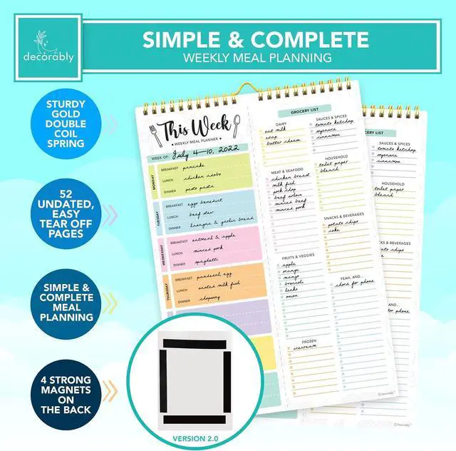 Alt view image 4 of 6 - Decorably 52 Sheets Pastel Rainbow Undated Magnetic Weekly Meal Planner | 8.5x11in Grocery List Notepad Meal Planner with 4 Strong Magnets - Spring-Bound, Refrigerator Mountable, Easy Tear-Off Design